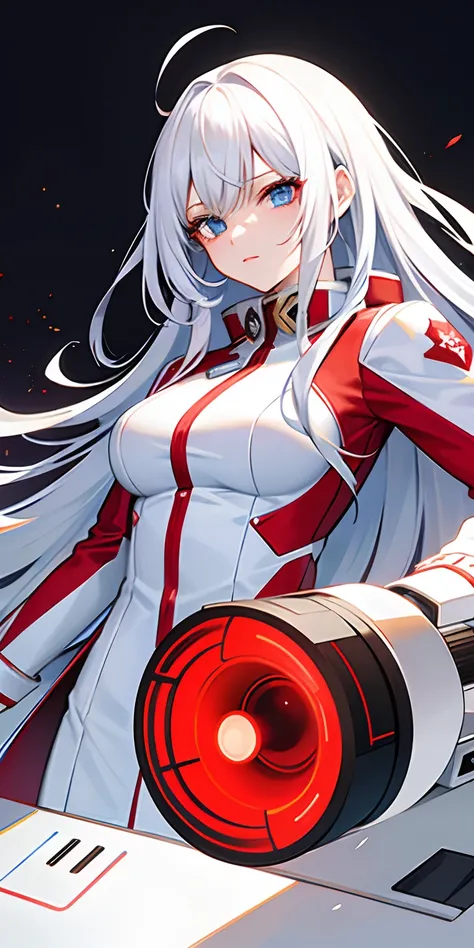 bust,powerful Mecha Girl,white hair,long hair,(heterochromia blue red),blue eyes,red eyes,crossed_legs,(white tactical surface fighter:1.31),(red overcoat:1.32),(White T-shirt:1.32),Floating Leaves,Floating jacket,torn clothes,Glowing eyes,in mecha,in ruin...