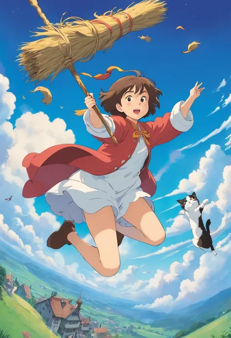 Girl flying in the sky on a broom、Cat chasing after