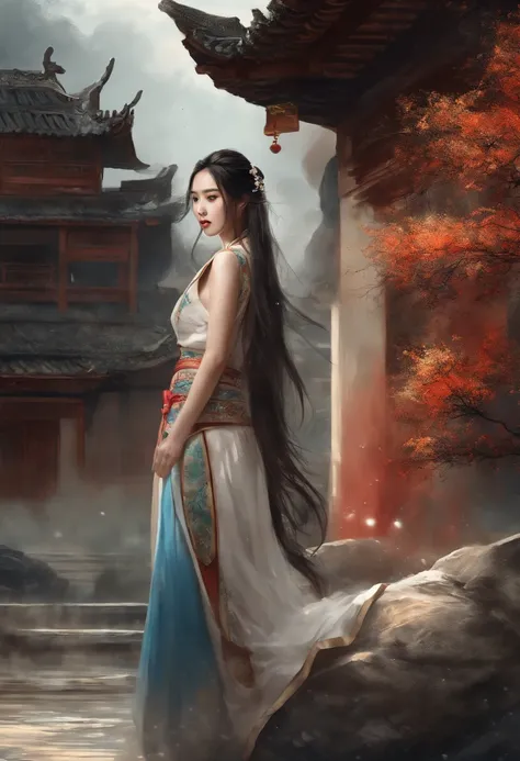 dramatic angle,(fluttered detailed ink splashs), (illustration),(((1 girl))),(long hair),(rain:0.6),(expressionless ,hair ornament:1.4),there is an ancient palace beside the girl,chinese clothes,(focus on), color Ink wash painting,(ink splashing),color spl...