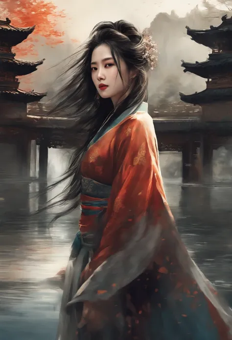 dramatic angle,(fluttered detailed ink splashs), (illustration),(((1 girl))),(long hair),(rain:0.6),(expressionless ,hair ornament:1.4),there is an ancient palace beside the girl,chinese clothes,(focus on), color Ink wash painting,(ink splashing),color spl...