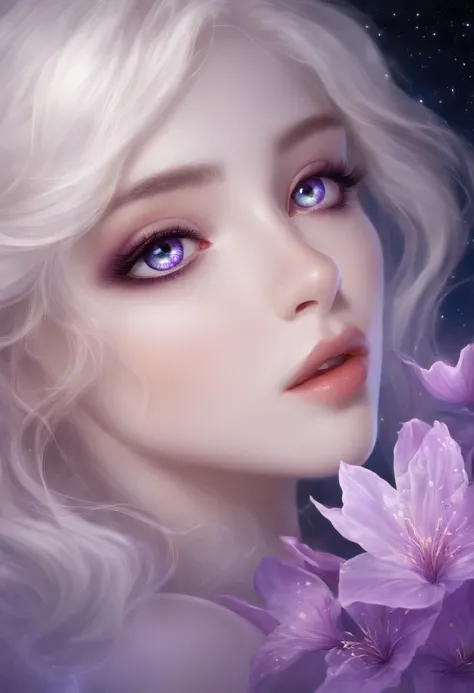 Masterpiece, Best quality, Ultra-detailed, illustration, , , 1fille,seulement, Image body, fleur, Regarder le spectateur, , , yeux violets, Jewel-like eyes, extremely detailed eyes, extremely detailed face,, , star (ciel), constellation,  Purple energy,  r...