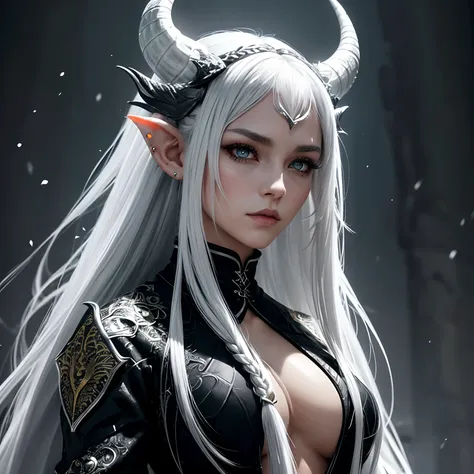 Young Dragon Girl, Tall stature, Toned physique. Long white hair braided, asymmetrical bangs. gray eyes. Black clothes with scaly patterns. Silver Horns on the head, Long Silver Dragon Tail. Silvery scales on the face. A silver fire burns around, pointed e...