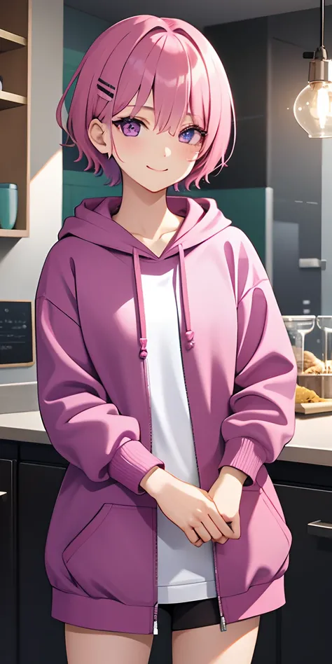 one nineteen years old girl, pink short hair, hair covers one eye, purple eyes, hair clip, light blush (1 :1) , light smile, black hoodie, pink short, kitchen,