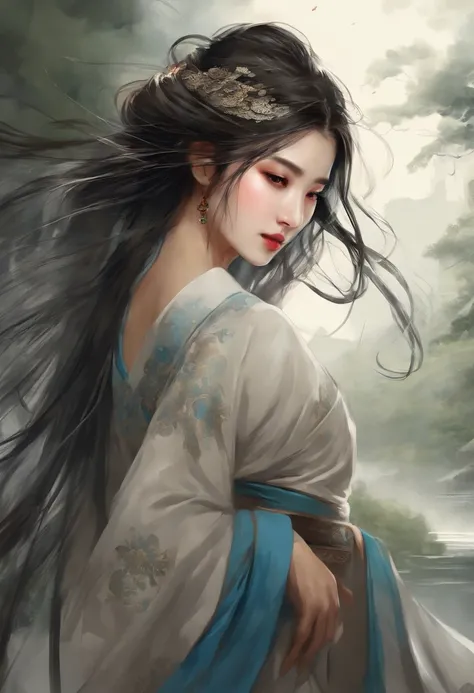 dramatic angle,(fluttered detailed ink splashs), (illustration),(((1 girl))),(long hair),(rain:0.6),(expressionless ,hair ornament:1.4),there is an ancient palace beside the girl,chinese clothes,(focus on), color Ink wash painting,(ink splashing),color spl...