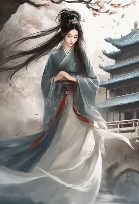 dramatic angle,(fluttered detailed ink splashs), (illustration),(((1 girl))),(long hair),(rain:0.6),(expressionless ,hair ornament:1.4),there is an ancient palace beside the girl,chinese clothes,(focus on), color Ink wash painting,(ink splashing),color spl...