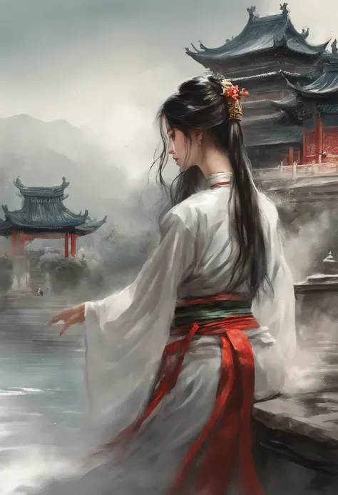 dramatic angle,(fluttered detailed ink splashs), (illustration),(((1 girl))),(long hair),(rain:0.6),(expressionless ,hair ornament:1.4),there is an ancient palace beside the girl,chinese clothes,(focus on), color Ink wash painting,(ink splashing),color spl...