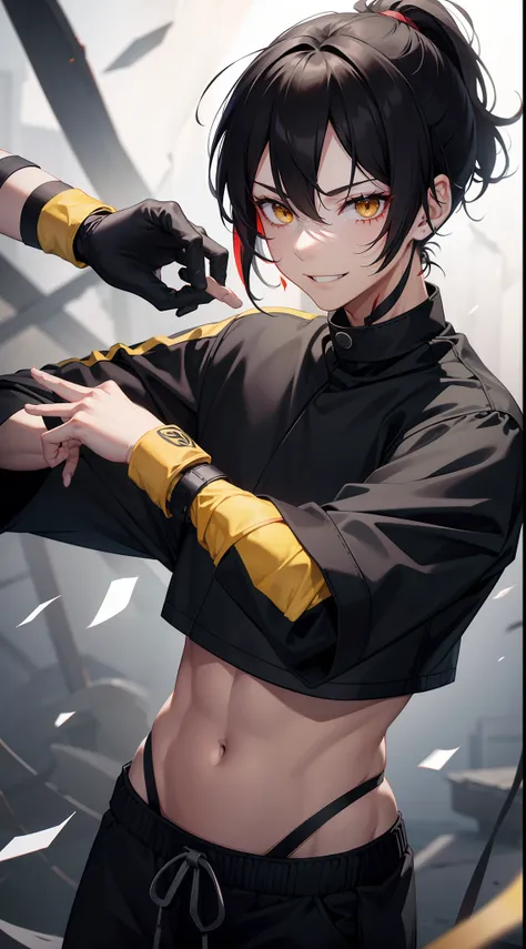 Young guy, short black hair, high ponytail, Yellow eyes, Scars, bloods, Embarrassment, Wounds, Smile, Bandages, red martial arts pants, open torso, Masterpiece, hiquality, 4k, HD, Good detail