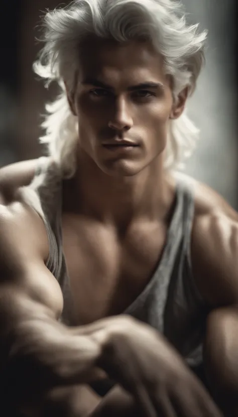 Generate a majestic image of a young male like a gods, surrounded by an aura of power and grace, white hair, short hair, shirtless, slim body ,emanating wisdom and strength around you , powerful