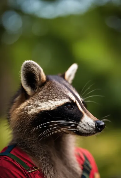 Groovy Jamaican 40 year old male raccoon face and ears, with human body, 3/4 profile portrait, modern fashionable style. funky wild 2023 accessories. etc. blurry summer lifeguard background