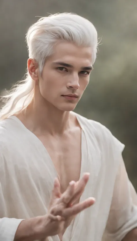 Generate a majestic image of a young male like a gods, surrounded by an aura of power and grace, white hair, short hair, slim body ,emanating wisdom and strength around you , powerful