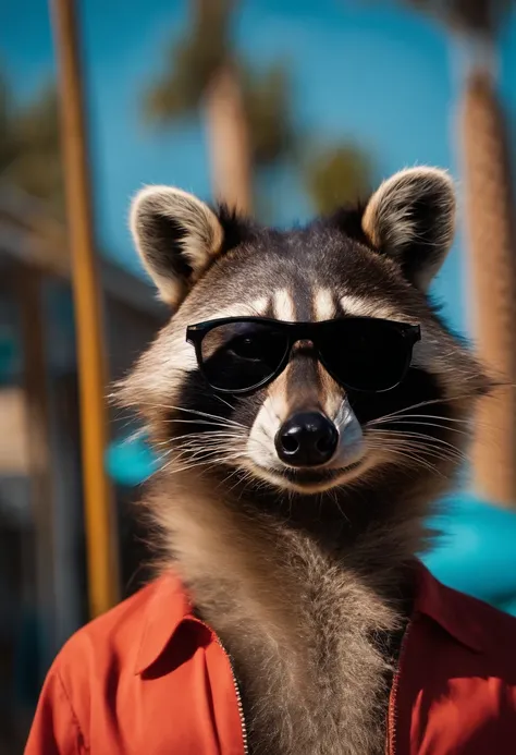 Groovy black 40 year old male raccoon face and ears, with human body, 3/4 profile portrait of a black man, modern fashionable style. funky wild 2023 accessories. etc. blurry summer lifeguard background