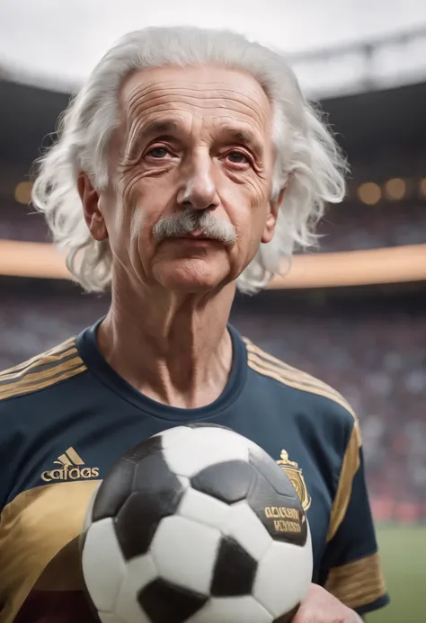 ((((Albert Einstein)))), wearing soccer outfit, looking at viewer, Full body portrait, hyper detailed POV, rich colors, hyper realistic, lifelike texture, dramatic lighting, standing in a soccer Stadium, detailed symmetric realistic face, extremely detaile...