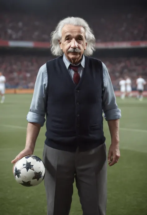 ((((Albert Einstein)))), wearing soccer outfit, looking at viewer, Full body portrait, hyper detailed POV, rich colors, hyper realistic, lifelike texture, dramatic lighting, standing in a soccer Stadium, detailed symmetric realistic face, extremely detaile...