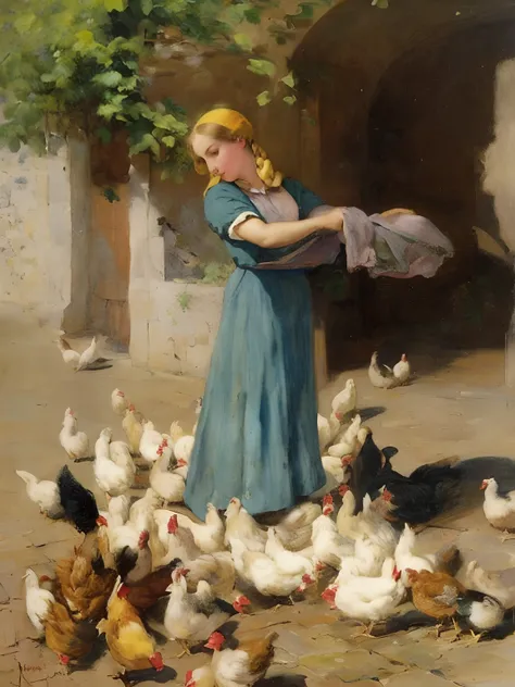 a painting of a woman feeding chickens in a courtyard, by Philip de László, by Giovanni Fattori, by Cor Melchers, by Vincenzo Irolli, by Antonio Ciseri, by Hubert von Herkomer, gaston bussiere. blond braid, by Eugène Brands, by Adolf Hirémy-Hirschl