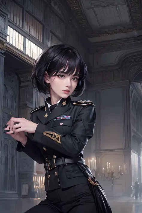 (highest resolution, distinct_image) The best quality, a woman, masterpiece, highly detailed, semi realistic, black short hair, black hair, bangs, 26 years old, shoulder length hair, mature, young, black clothing, black uniform, without military uniform, f...