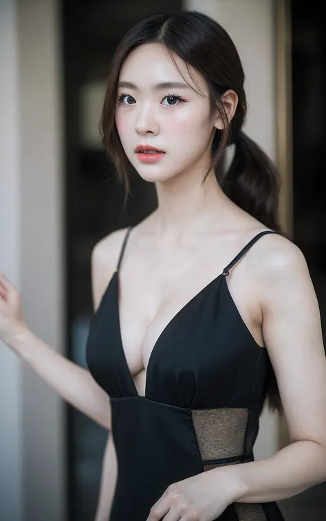 Highly detailed CG Unity 8K wallpaper, With the highest quality, (UHD:1.2,32k), (face detailed:1.2), super detailed, Master Piece, Realistic, photograph realistic, extremely detailed cute girl, 25 years old, (sexy black dress:1.2),  blush , Round eyes, sma...