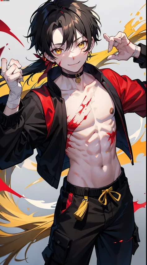 Young guy, short black hair, high ponytail, Yellow eyes, Scars, bloods, confusion, Wounds, Smile, Bandages, red martial arts pants, open torso, Masterpiece, hiquality, 4k, HD, Good detail