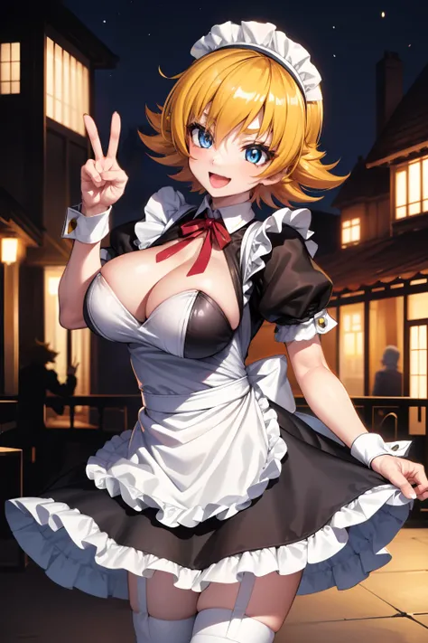 igawa, huge breasts, flipped hair, hair between eyes, blue eyes, blonde hair,maid,cowboy shot, standing, looking at viewer, mansion, night,happy,peace sign