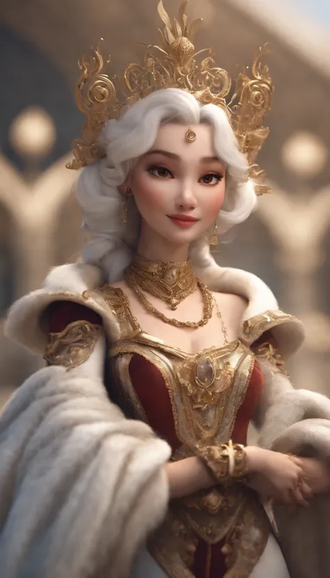 Pixar style super cute anthropomorphic white snake， Large breasts，cleavage，Off-the-shoulder attire，Dahan costume and crystal crown, standing, Charming big eyes, Cute tail, standing, Surreal, Super fine, Luxurious, Graceful standing, Charming big eyes, Cute...