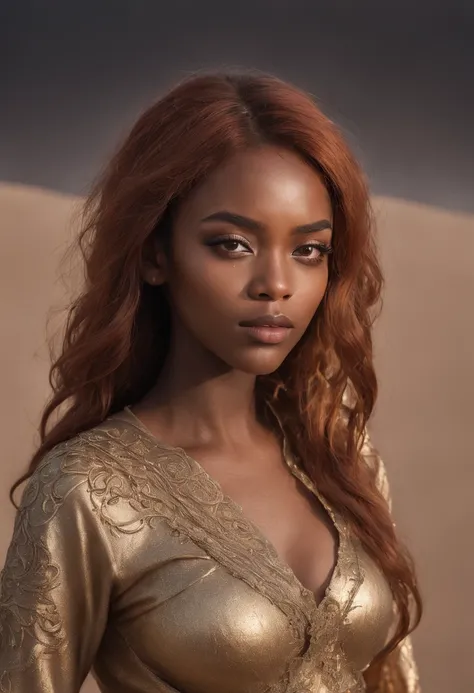 Photo, Raw, [bokeh], shallow DOF, sharp eyes focus , redhead, thicc body, full body shot, alone, ((30 year old black woman )), (((ultra realistic detailed eyes))), intricate eye details, cute smile, sweaty, wearing medieval copper plate armor , model shoot...