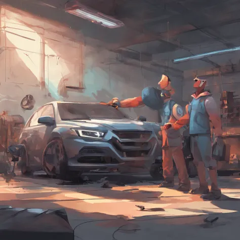 Semi-realistic illustration of auto repair shop, Girl sticking car clothes，The boy crouched on the car suit，The other holds up the jacket and carefully examines the translucent color of the garment, Everyone does different parts in the process of applying ...