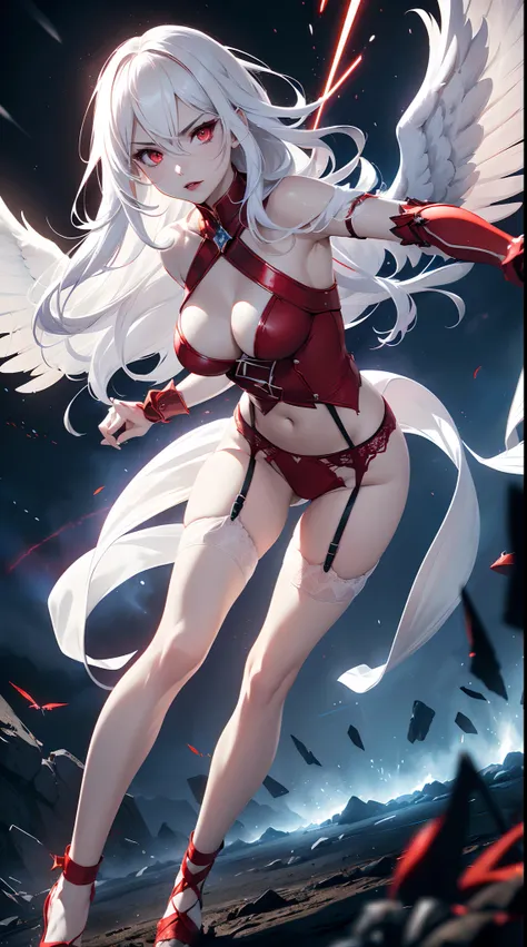 8 wings spread .20 year old young woman( Long white hair ),(bright red eyes)<=(eyes HD lighting) (has red lips), beautiful eyebrows (badass expression) both hands have red bracelets on the arms (wears clothes made of transparent white cloth) (sexy white un...