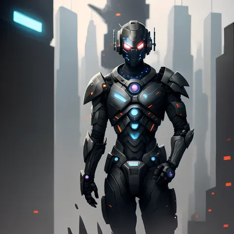 Hay un robot parado en una ciudad futurista con un fondo futurista, Cyberpunk Iron Man, Robot cyberpunk, cybernetic armor, clothed in cyber armour, cyber suit, epic scifi character art, beautiful robot character design, Caballero Cyberpunk, Mecanoide cyber...