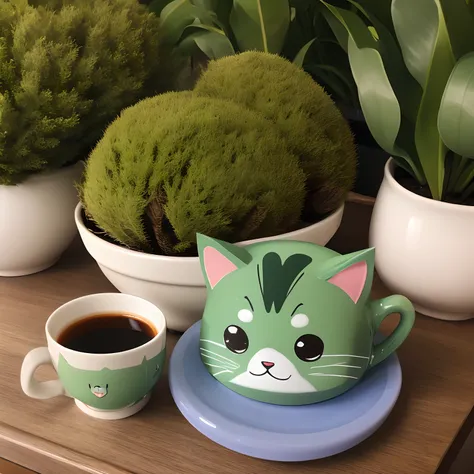 Green cat、Round face、Cat from the cup