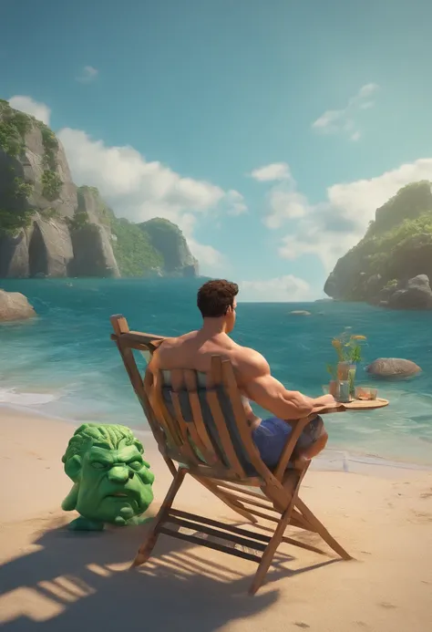 /imagine prompt: The Hulk is by the sea，Sit on a recliner，Look at the beautiful girl in the sea::3.3  --v 5