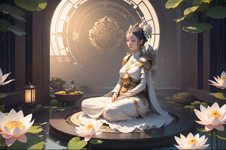 1000-armed robot Kuan Yin sits in prayer in the Lotus Garden, Digital Art H 960