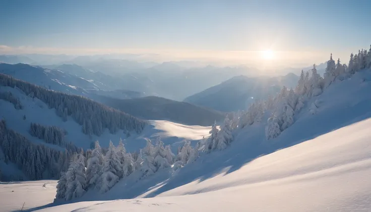 Climb the back of the snowy mountain alone，Very shocking picture，Blue sky，suns