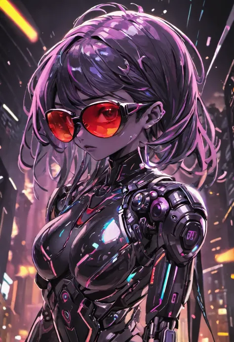 (highly detailed: 1.2), (canon EOS R6 best quality: 1.2), (8k: 1.0), (emb-rrf-low: 1.0), (lots of large black tattoos on cybernetic head open in the middle showing the inside, detailed face, hyper detailed eyes and wearing hi-tech sunglasses with holograph...