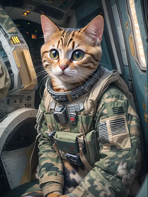 A cute round-eyed cat, Wear camouflage clothing, on spaceship,  sunraise.