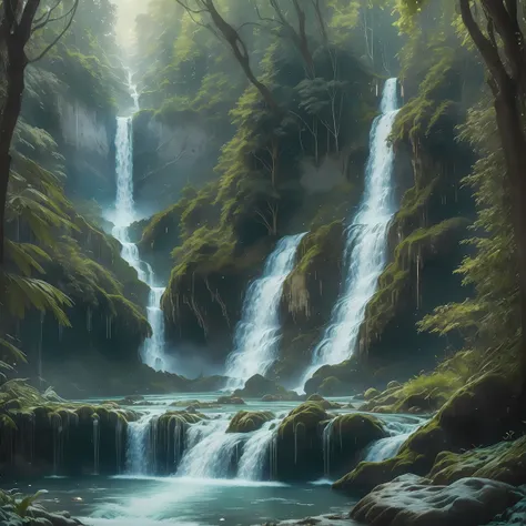 masterpiece, 32k, unity 8k wallpaper, ultra detailed, ultra realistic, bubble, masterpiece, best quality,  Elven Forest、Fantastic forest、Foggy forest、(((A sacred waterfall tinged with magical powers:1.5), large waterfall、Thick waterfall、Elven forest waterf...