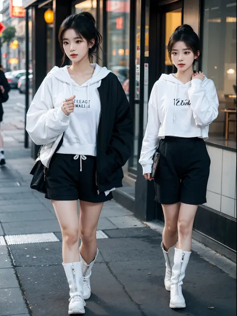 1girl, 175cm,korean kpop idol and model, 22 years old,soft body, close-up, 8k, RAW photo, best quality, masterpiece,realistic, photo-realistic,seductive,cute,A beautiful woman in a oversized black hoodie, short pants,tall white boots，Liuhai hairstyle,ponyt...