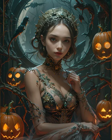 Best quality, masterpiece, meticulous details, intricate detail, realistic, a hot futuristic lady amidst spooky halloween vibes