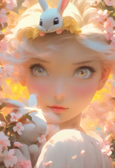 detail, Realism, 4K, 15-year-old girl, facial detailing, large yellow eyes, Plump lips, Upturned nose, Gray hair on pink hair, Wearing a white dress,（ Black rabbit in his hands）, Flowers in the background, White butterfly in the foreground, Realistic shoot...