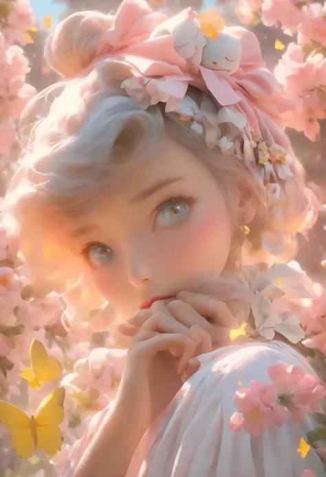 detail, Realism, 4K, 15-year-old girl, facial detailing, large yellow eyes, Plump lips, Upturned nose, Gray hair on pink hair, Wearing a white dress,（ Black rabbit in his hands）, Flowers in the background, White butterfly in the foreground, Realistic shoot...