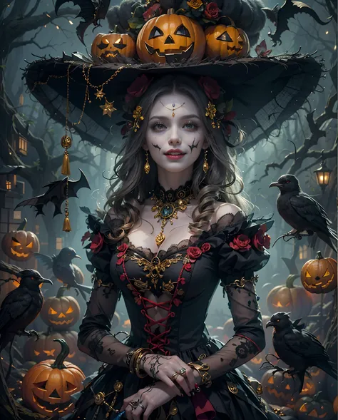 Best quality, masterpiece, meticulous details, intricate detail, realistic, a mystical halloween lady with cheerful expression, spooky vibes