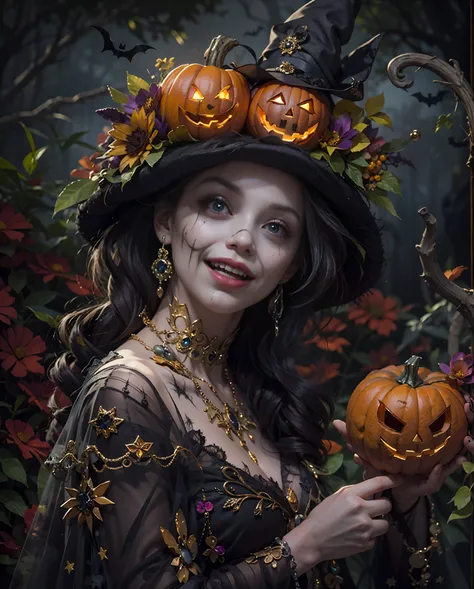 Best quality, masterpiece, meticulous details, intricate detail, realistic, a mystical halloween lady with cheerful expression, spooky vibes