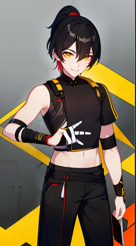 Young guy, short black hair, high ponytail, Yellow eyes, Scars, bloods, confusion, Wounds, Smile, Bandages, red martial arts pants, open torso, Masterpiece, hiquality, 4k, HD, Good detail