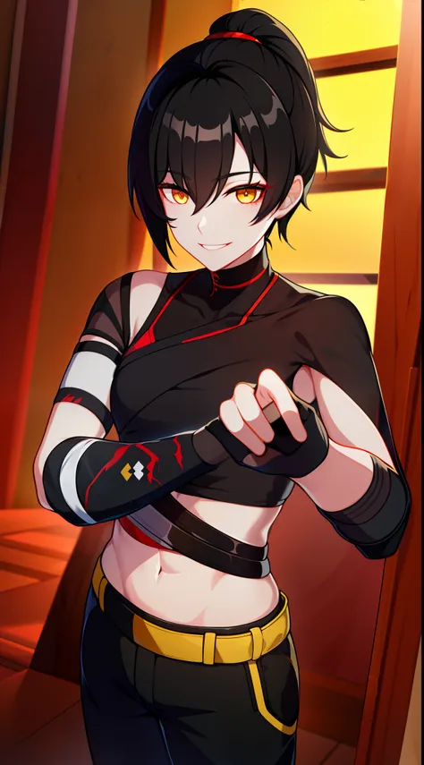 Young guy, short black hair, high ponytail, Yellow eyes, Scars, bloods, confusion, Wounds, Smile, Bandages, red martial arts pants, open torso, Masterpiece, hiquality, 4k, HD, Good detail