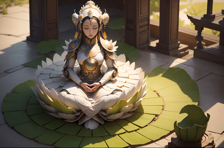 1000-armed robot Kuan Yin sits in prayer in the Lotus Garden, Digital Art H 960