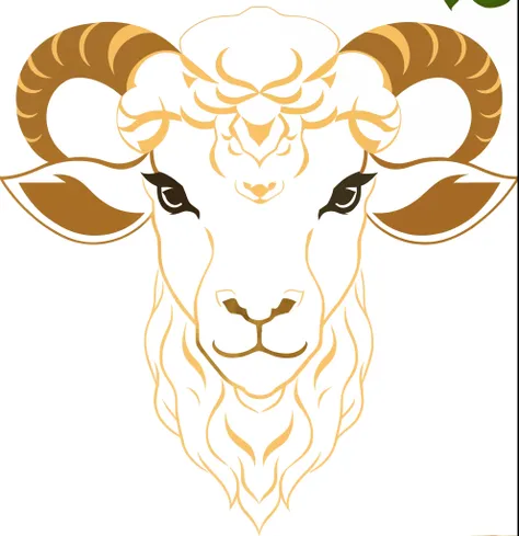 There is a goat with long horns and green leaves, horned ram goddess, with symmetrical head and eyes, Golden Ram Horn, aries fiery ram tarot, Palatial and threatening faces, taurus zodiac sign symbol, White corners on eyebrows, sheeps, Symmetrical and beau...