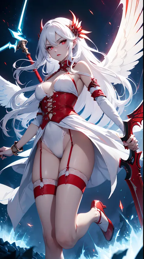 .20 year old young woman( Long white hair ),(bright red eyes)<=(eyes HD lighting) (has red lips), beautiful eyebrows (badass expression) both hands have red bracelets on the arms (wears clothes made of transparent white cloth) (sexy white underwear model G...