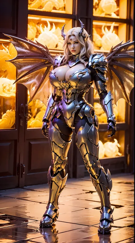 DRAGON WOMAN, (DRAGON HEAD), HUGE BOOBS, FIRE MECHA ARMOR FULL SUIT, (CLEAVAGE), ((A PAIR LARGEST DRAGON WINGS)), TRANSPARANT ARMOR, TALL LEGS, (STANDING), SEXY BODY, MUSCLE ABS.