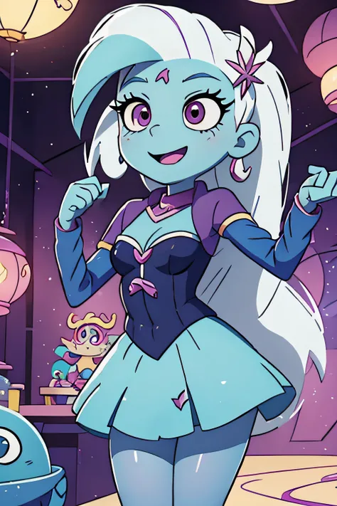 Its trixie lulammon from equestria girl. Blue Skin, White hair