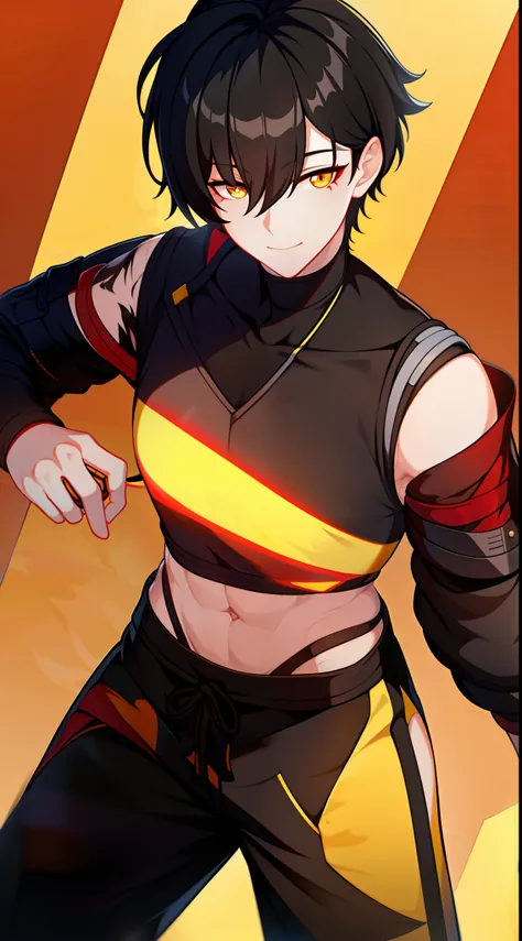 Young guy, short black hair, high ponytail, Yellow eyes, Scars, bloods, confusion, Wounds, Smile, Bandages, red martial arts pants, open torso, Masterpiece, hiquality, 4k, HD, Good detail