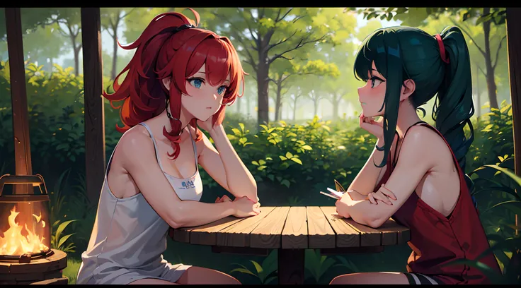 masterpiece, lots of detail, 4k, 8k, ((ultra-detailed)), highres, soft lighting, 2girls, campground, alcohol, {red hair|green hair|black hair|blue hair}, {ponytail|short hair|long hair|curly hair}