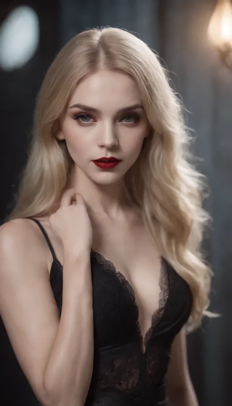 Photorealistic portrait of a vampire girl, She has long blonde hair, A  girl, standing at full height in the dark, She is wearing a black short dress with a plunging neckline, Black openwork stockings, black high heels, Detailed Face, dark makeup, seductiv...